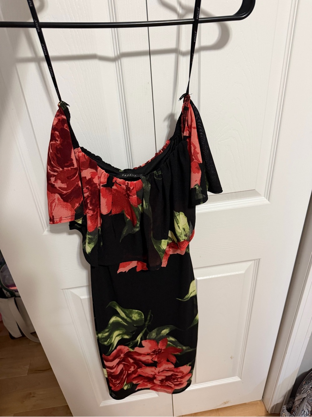 Papaya Black Midi Dress with Red Floral Print
